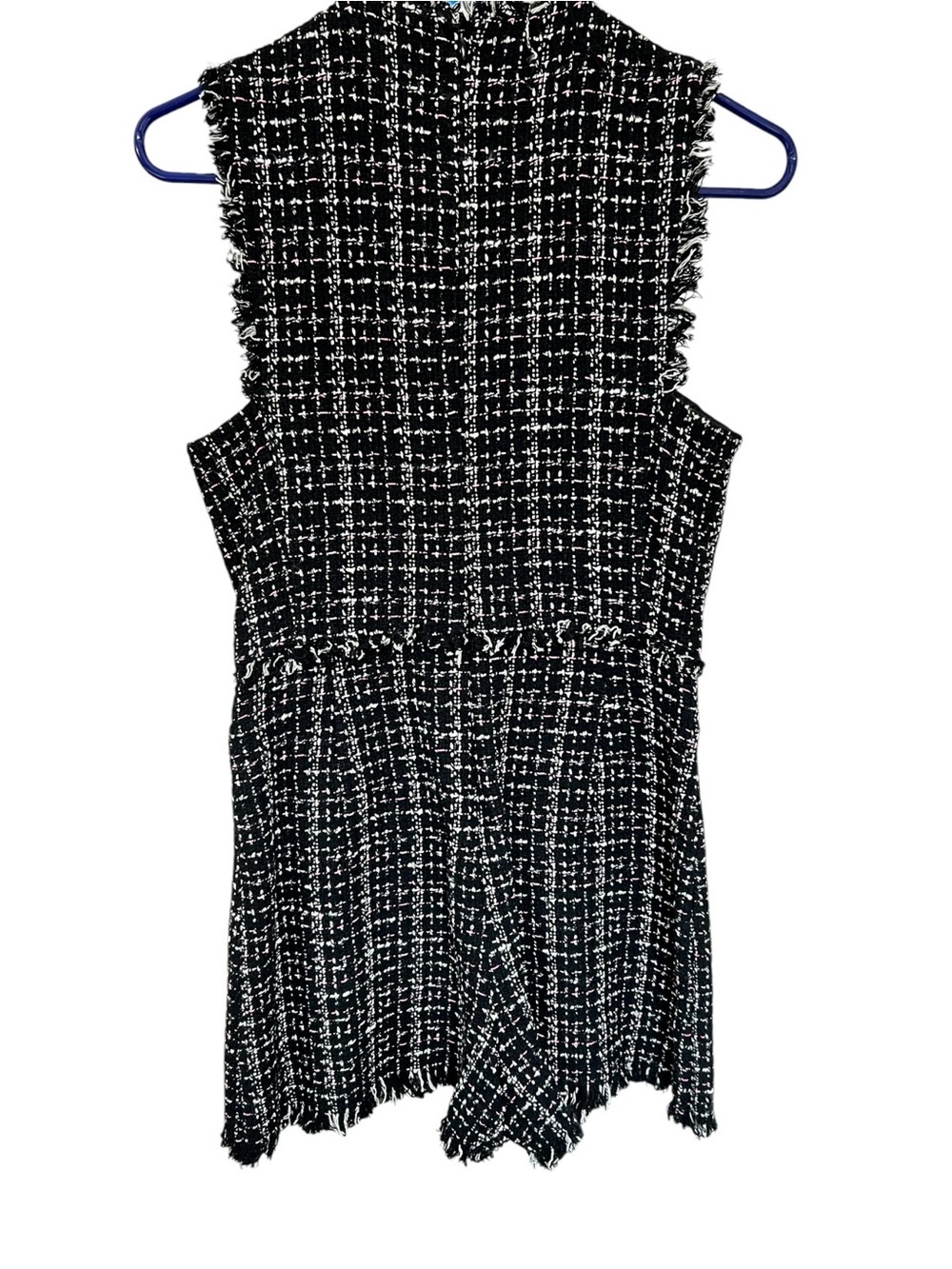 Zara Black and White Tweed Fringe Zip Romper with Pink Accents - Picture 2 of 4